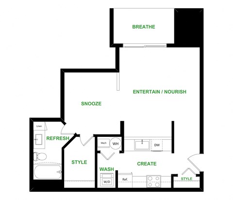 Floor plan for studio, 1 bath, 644 sqft